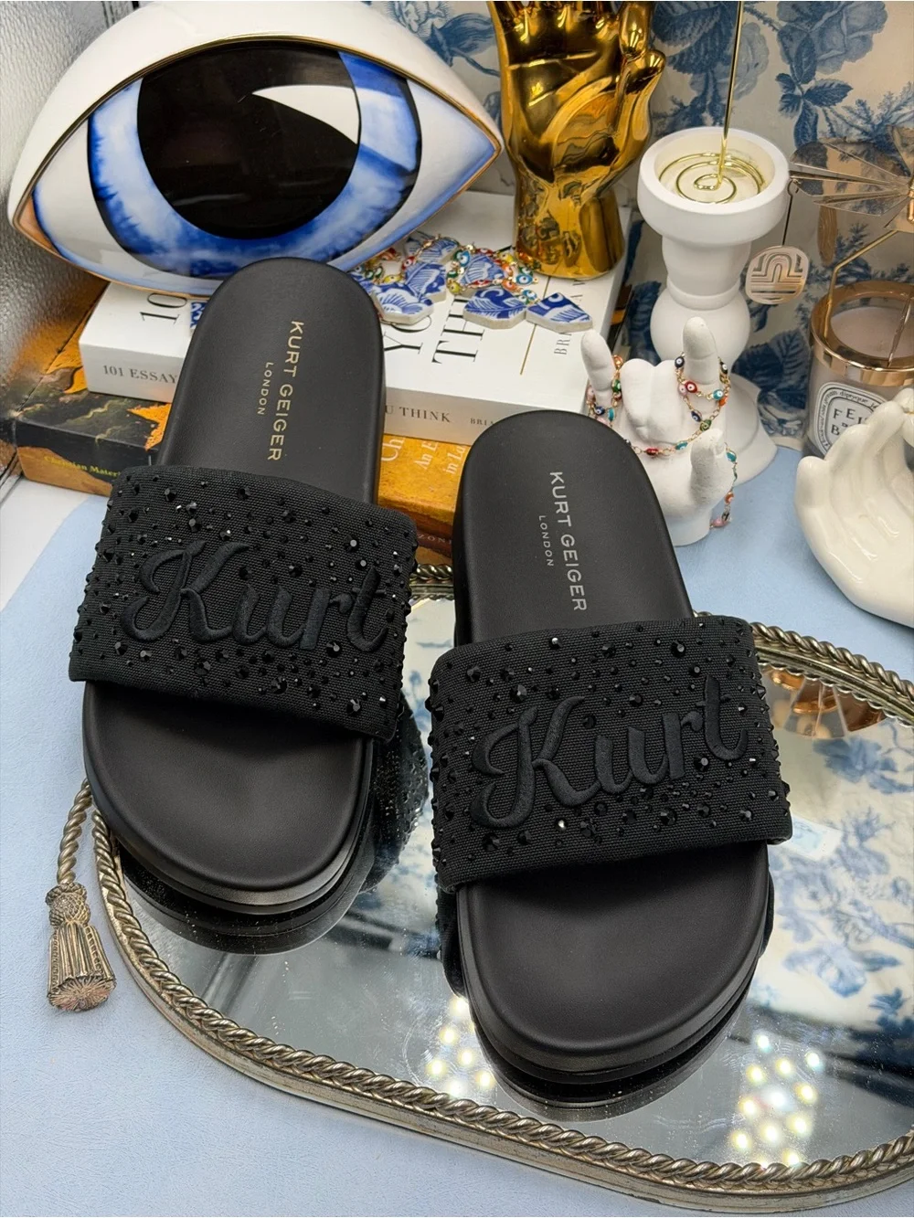 🆕 KURT GEIGER LONDON 🧿 NWOB Brockwell Black Embroidered Logo KURT Slide Sandal